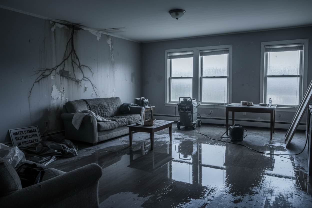 wykonają szarą grafikę zalanego mieszkania z mokrymi ścianami, nadającą się na główną stronę sklepu o tematyce osuszania 